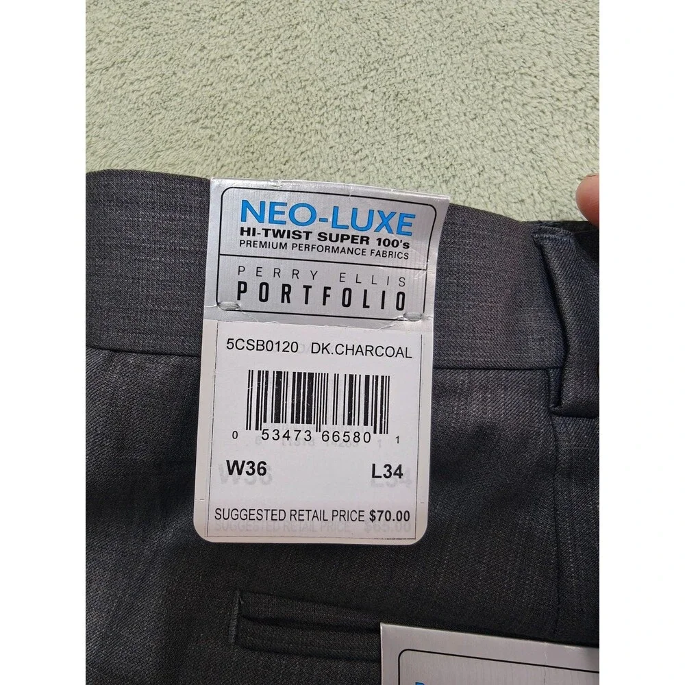 Perry Ellis Mens 36x34 Charcoal Gray Neo Luxe Pleated Cuffed Dress Slacks NWT